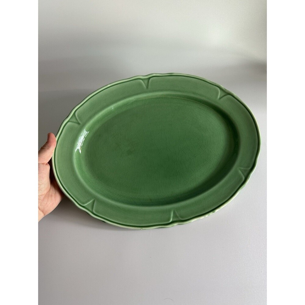 VTG 1930's Oval PetalWare Mount Clemens Pottery Green Platter 13.5” x 10”